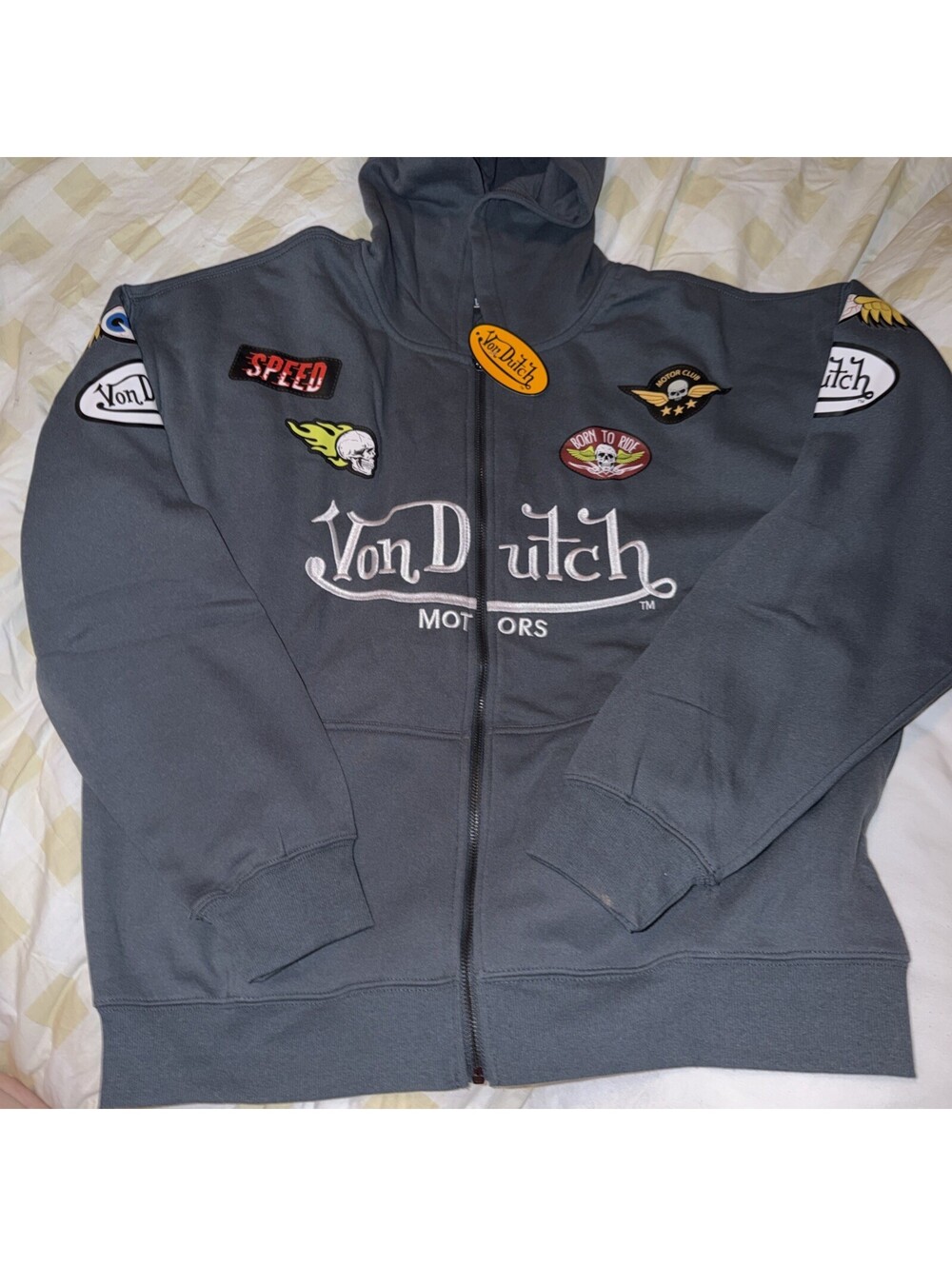 Von Dutch "Born To Ride" Eye Ball Logos Full Zip Fleece Gray Hoodie XL NWT.
